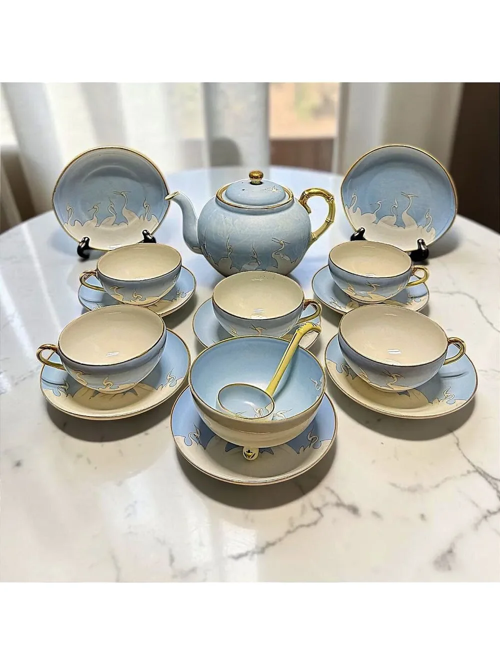 Antique Nippon Hand Painted Crane Porcelain Tea Set Blue Gold (Total of 16 Pc)